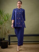 Blue Embroidered Shirt With Palazzos Co-Ords