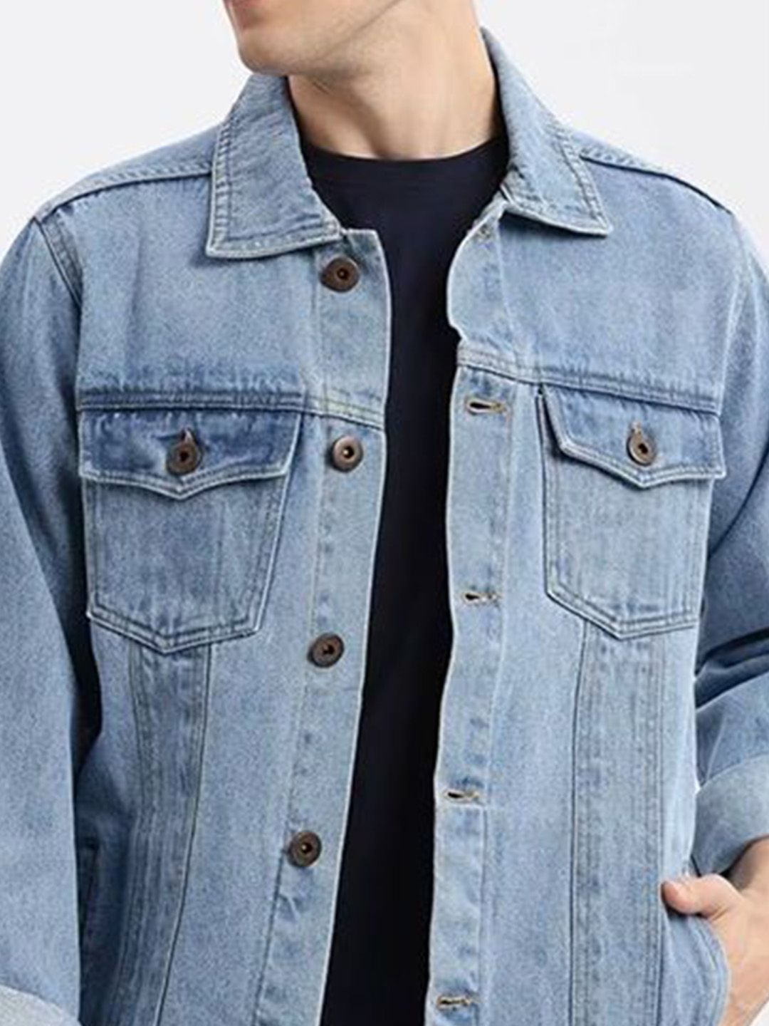 WeaE4ySo_8810e75d21a440799cb9bb24e77f31a6.jpg Spread Collar Long Sleeves Regular Fit Denim Jacket - Image 1