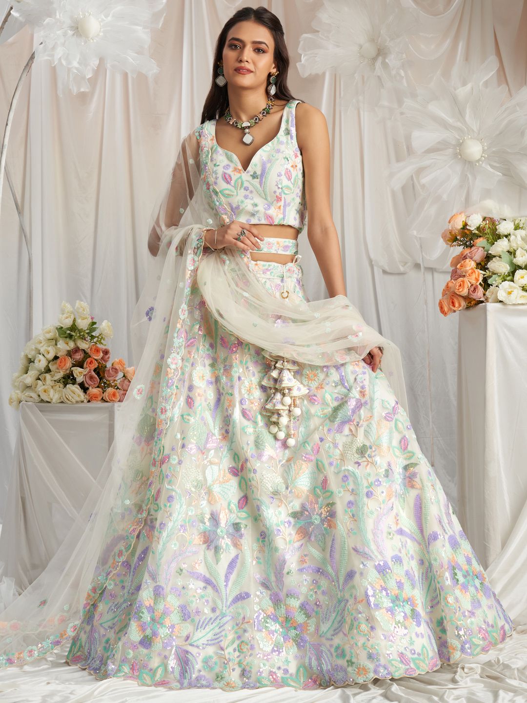 f685a913-2860-48d6-844d-97b56aeda8631730899212366-panchhi-Embroidered-Sequinned-Net-Semi-Stitched-Lehenga-Uns-1.jpg Embroidered Sequinned Net Semi Stitched Lehenga & Unstitched Blouse With Dupatta - Image 1